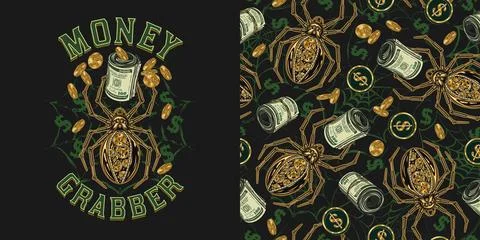 Set of money label and pattern with metallic robot spider in steampunk style Stock Illustration
