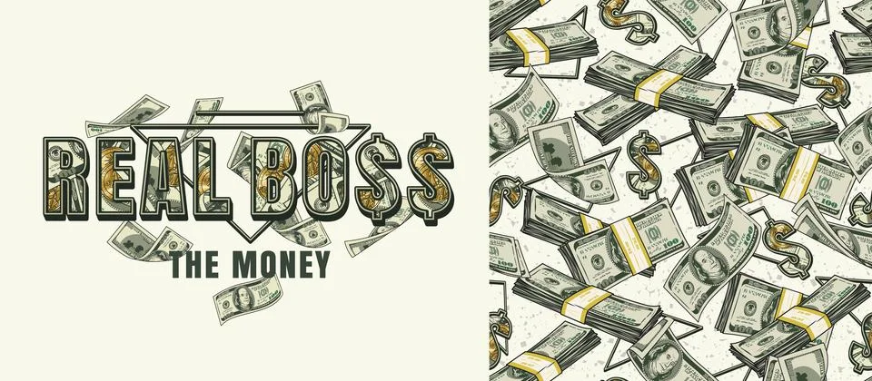 Set of money label, pattern with heap of 100 US dollar notes, dollar sign, te Stock Illustration
