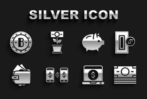 Set Money payment transfer, Inserting coin, Stacks paper money cash, Laptop.. Stock Illustration