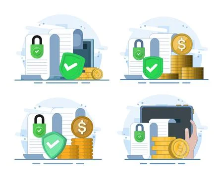 Set of money secure private lock document flat cartoon icons Stock Illustration