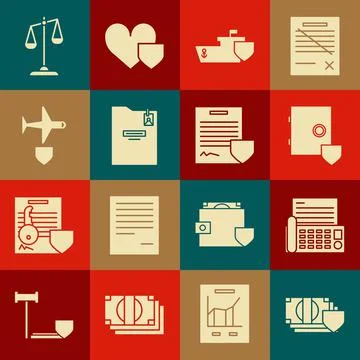 Set Money with shield, Fax machine, Safe, Ship, Personal folder, Plane, Scales Stock Illustration