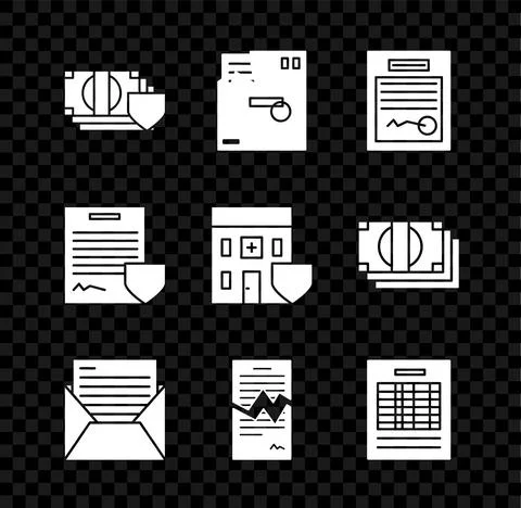 Set Money with shield, Ordered envelope, Filled form, Mail and e-mail, Torn Illustrazione stock