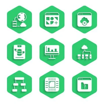 Set Monitor with graph chart, Processor CPU, File missing, Computer network Illustrazione stock