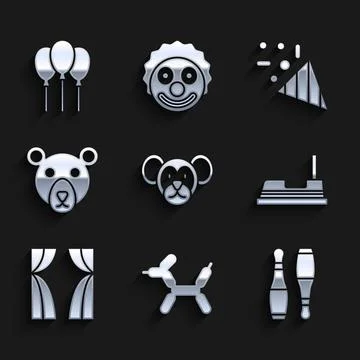 Set Monkey, Balloon dog, Bowling pin, Bumper car, Circus curtain raises, Bear Illustrazione stock
