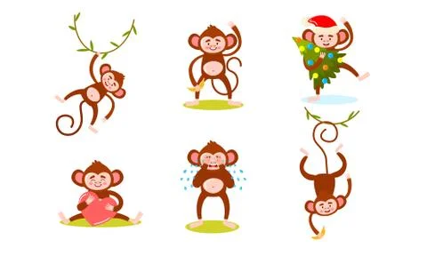 Set of monkey characters expressing emotions in life vector illustration Stock Illustration