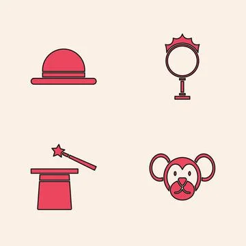 Set Monkey, Clown hat, Circus fire hoop and Magic and wand icon. Vector Stock-Illustration