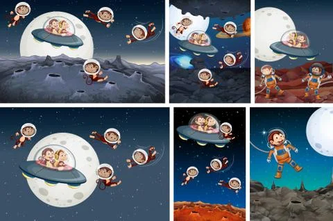 Set of monkey exploring space Illustrazione stock