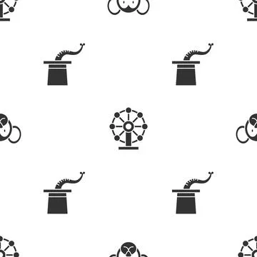 Set Monkey, Ferris wheel and Magician hat on seamless pattern. Vector Stock Illustration