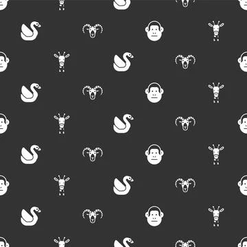 Set Monkey, Giraffe head, Swan bird and Head of goat or ram on seamless pattern Illustrazione stock