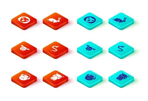Set Monkey, Hippo or Hippopotamus, Pig, Snake, Rabbit and Owl bird icon. Vect Stock Illustration