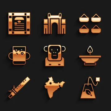 Set Monkey, India map, Tea bag, Aroma lamp, Bamboo flute indian, Cup of tea and Stock Illustration