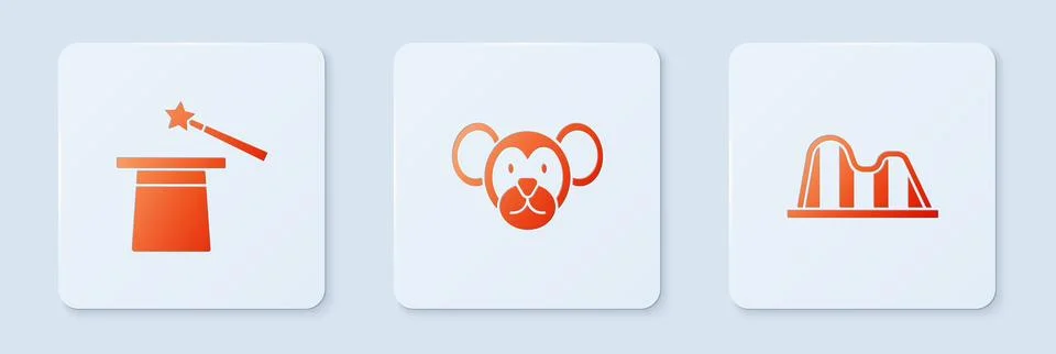 Set Monkey, Magic hat and wand and Roller coaster. White square button. Vector Stock Illustration