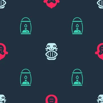 Set Monkey, Mexican mayan or aztec mask and Camping lantern on seamless pattern 스톡 일러스트