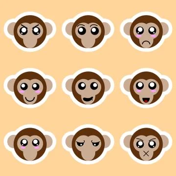 Set of monkey stickers. Different emotions, expressions. Vector illustration. Stock Illustration
