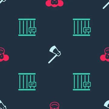 Set Monkey, Wooden axe and Animal cage on seamless pattern. Vector Stock Illustration