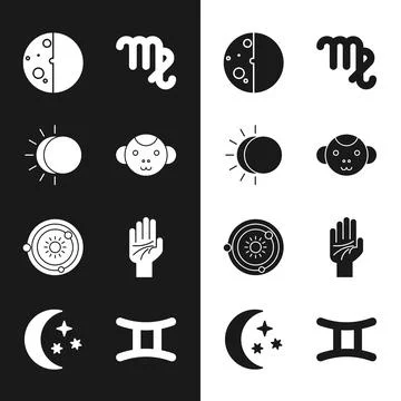 Set Monkey zodiac, Eclipse of the sun, Virgo, Solar system, Palmistry hand 스톡 일러스트