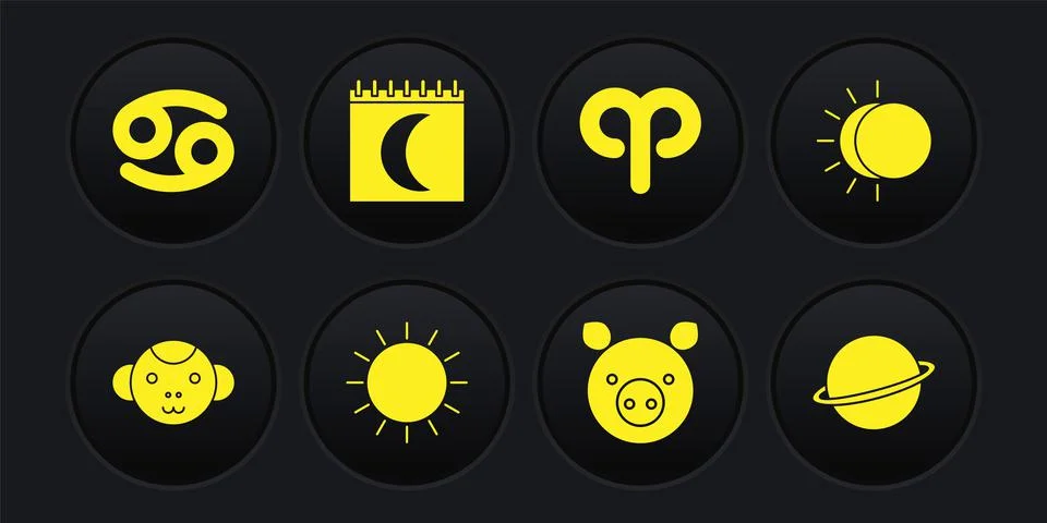 Set Monkey zodiac, Eclipse of the sun, Sun, Pig, Aries, Moon phases calendar Ilustração Stock