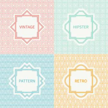 Set of mono line polygon hipster seamless pattern. Vintage frames in red, green Stock Illustration