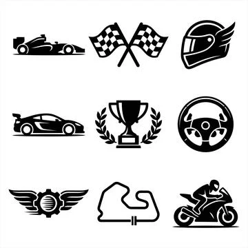 Set of Monochromatic Racing Icons Featuring Vehicles and Competition Symbols Illustrazione stock