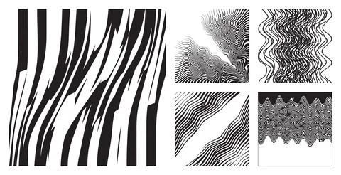 Set of monochrome abstract backgrounds featuring diverse wavy striped patterns a Stock Illustration