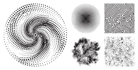 Set of monochrome abstract design elements featuring halftone swirls and geometr Stockillustratie