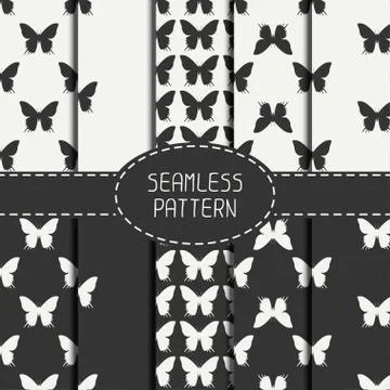 Set of monochrome abstract seamless pattern with butterfly. Wrapping paper Stock Illustration
