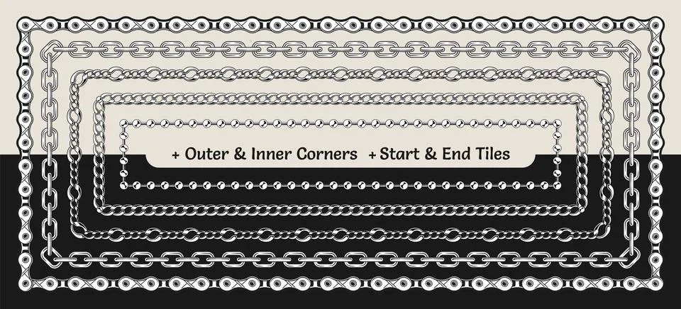 Set of monochrome chain pattern brushes Stock Illustration