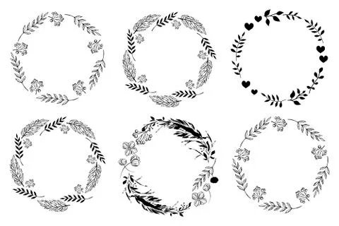 Set of monochrome circle frames. Doodle leaf, flowers and berry wreaths.  Stock Illustration