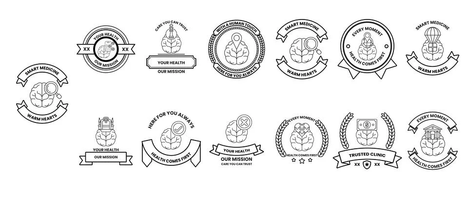 Set of monochrome circular and shield-shaped emblems Stock Illustration