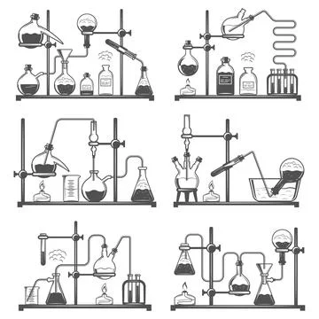 Set of monochrome laboratory research elements with flasks, tubes and molec.. Stock Illustration