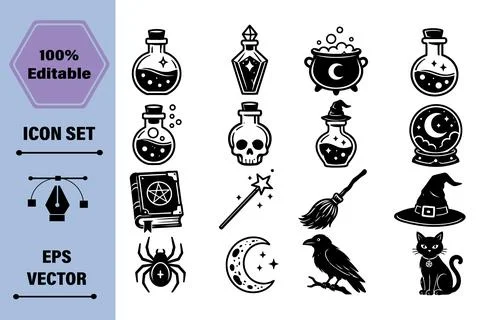 Set of Monochrome Magic and Occult Icons Featuring Witchcraft Elements in F.. 库存插图