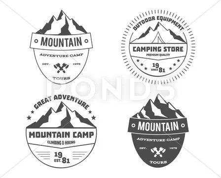 Set Of Monochrome Outdoor Adventure And Mountain, Hiking Badge Logo, Emblem Logo