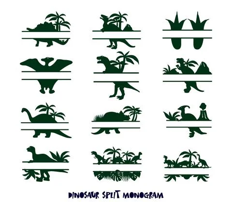 Set of monogram border frames. Silhouette of dinosaur with place for name of  스톡 일러스트