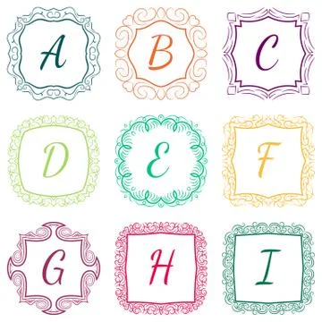 Set of monograms hand drawn style colorful with frames Stock Illustration