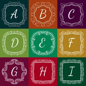 Set of monograms hand drawn style colorful with frames Stock Illustration