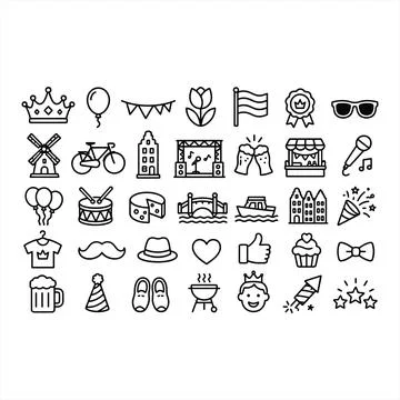 Set of Monoline Icons Featuring Festive Party Elements and Cultural Symbols 스톡 일러스트