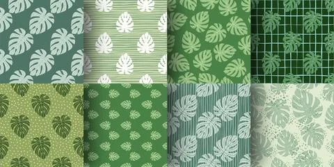 Set of monstera leaf simple shapes seamless doodle pattern. Green tones palet Illustrazione stock