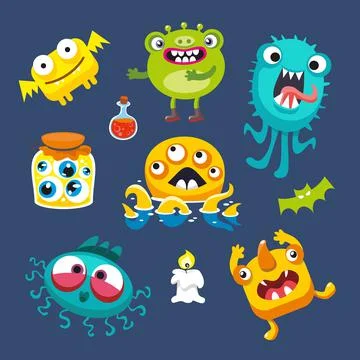 Set of monsters with elements. Cartoon funny isolated characters. Icons for Illustrazione stock