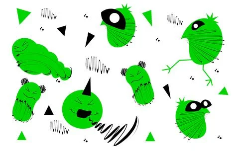 Set of monsters. Green caterpillars. Doodle. Stock Illustration