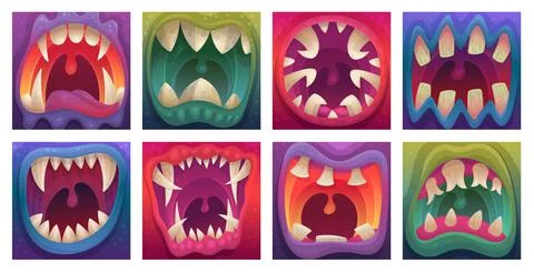 Set monsters mouths with sharp teeth, cartoon vector illustration isolated. 库存插图
