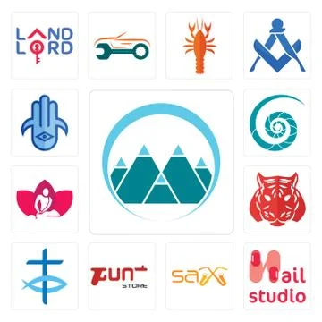 Set of mont, nail studio, sax, gun store, christian fish, tiger, massage ther Free Stock Illustration