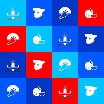Set Montjuic castle, Map of Spain, Fan flamenco and Orange fruit icon. Vector Stock Illustration