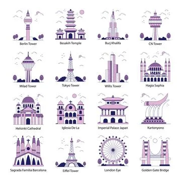 Set of Monuments Flat Icons Stock Illustration