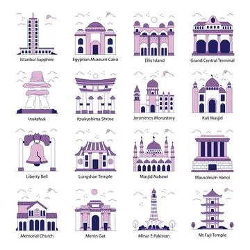 Set of Monuments Flat Icons Stock Illustration
