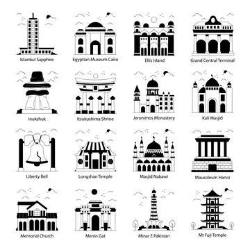 Set of Monuments Solid Icons Stock Illustration
