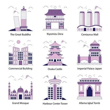 Set of Monuments of the World Flat Icons Stock Illustration