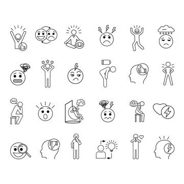 Set of Mood Icons. Vector Icons of Sad, Excited, Joyful, Angry Anxious, Pen.. Stock Illustration