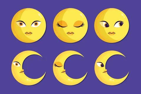 Set of moon and crescent characters. Cartoon crescent and moon icons Stock Illustration