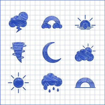 Set Moon and stars, Cloud with rain, Rainbow clouds, Sun weather, Tornado Ilustração Stock