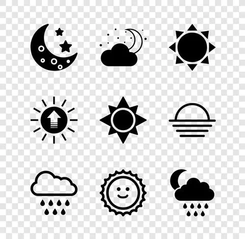 Set Moon and stars, Cloud with moon, Sun, rain, Sunset and icon. Vector Stock Illustration
